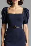 Robe de travail mi-longue moulante bleu marine avec ceinture