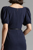 Robe de travail mi-longue moulante bleu marine avec ceinture
