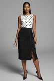 Robe de travail midi à pois ivoire et noir avec fente