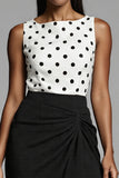 Robe de travail midi à pois ivoire et noir avec fente