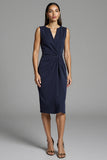 Robe de travail mi-longue moulante froncée bleu marine