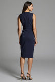 Robe de travail mi-longue moulante froncée bleu marine