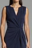 Robe de travail mi-longue moulante froncée bleu marine