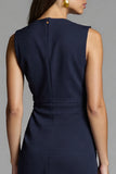 Robe de travail mi-longue moulante froncée bleu marine