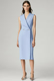 Robe de travail mi-longue moulante à col en V bleu ciel