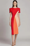 Robe de travail midi moulante rouge en patchwork avec manches