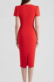Robe de travail midi moulante rouge en patchwork avec manches