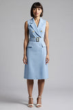 Robe de travail midi à revers crantés bleu ciel avec ceinture