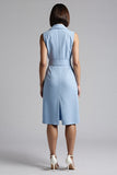 Robe de travail midi à revers crantés bleu ciel avec ceinture