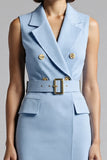 Robe de travail midi à revers crantés bleu ciel avec ceinture