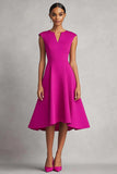 Robe de travail midi simple fuchsia à col en V