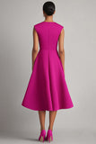 Robe de travail midi simple fuchsia à col en V