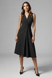 Robe de travail midi froncée noire à col en V