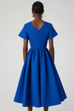 Robe de travail midi trapèze à col en V bleu roi avec poches