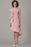 Robe de travail midi à volants à col bateau fourreau rose