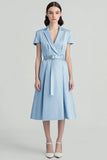 Bleu ciel revers cranté Robe de travail midi corbeille avec ceinture