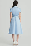 Bleu ciel revers cranté Robe de travail midi corbeille avec ceinture