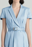 Bleu ciel revers cranté Robe de travail midi corbeille avec ceinture
