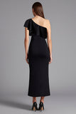 Robe longue formelle noire à une épaule fourreau à volants