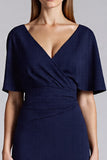 Robe formelle midi marine à manches courtes fourreau