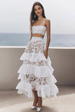 Robe midi de fiançailles en dentelle sans bretelles ivoire avec volants