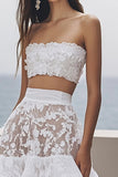 Robe midi de fiançailles en dentelle sans bretelles ivoire avec volants
