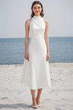 Robe midi de fiançailles en satin ivoire simple à col haut