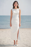 Robe de fiançailles longue en satin ivoire à col bateau avec fente
