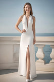 Robe longue de fiançailles gaine dos nu en satin ivoire avec fente