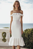 Robe de fiançailles midi simple ivoire à épaules dénudées avec volants