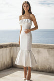 Robe de dîner de répétition maxi sirène sans bretelles ivoire avec volants