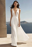 Ivoire en mousseline de soie fourreau col en V profond plage Maxi robe de fiançailles