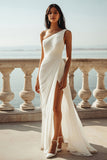 Mousseline de soie ivoire une épaule Maxi gaine plage robe de fiançailles avec fente