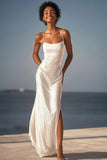 Ivoire scintillant paillettes spaghetti bretelles Maxi robe de réception de mariage avec fente