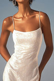 Ivoire scintillant paillettes spaghetti bretelles Maxi robe de réception de mariage avec fente
