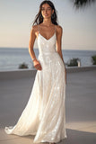 Robe de dîner maxi maxi répétition à bretelles spaghetti à paillettes ivoire scintillante