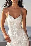 Robe de dîner maxi maxi répétition à bretelles spaghetti à paillettes ivoire scintillante