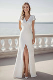 Ivoire à manches courtes Satin Maxi Robe de dîner de répétition avec fente