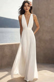 Robe de fiançailles maxi de plage en mousseline de soie froncée ivoire à col en V profond