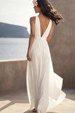 Robe de fiançailles maxi de plage en mousseline de soie froncée ivoire à col en V profond