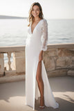 Robe de fiançailles maxi fourreau à manches longues en satin ivoire avec appliques