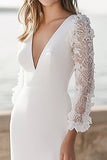 Robe de fiançailles maxi fourreau à manches longues en satin ivoire avec appliques