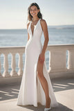 Fourreau en satin ivoire col V profond Maxi robe de réception de mariage avec fente