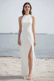 Robe de dîner de répétition en satin ivoire avec fente