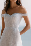 Robe de fiançailles à paillettes ivoire scintillante à épaules dénudées avec fente