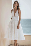 Dentelle Robe Maxi de Fiançailles Ivoire Col V Profond