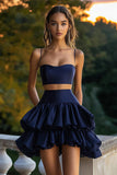 Robe de cocktail trapèze marine à volants