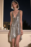 Robe de cocktail trapèze trapèze gris argenté à col en V