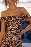 Robe de cocktail moulante kahki léopard à épaules dénudées