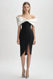 Robe de cocktail moulante ivoire et noire à épaules dénudées avec fente